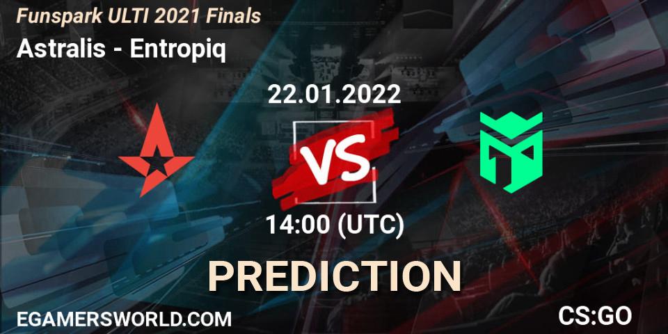 Astralis contre Entropiq : prédiction de match. 22.01.2022 at 14:00. Counter-Strike (CS2), Funspark ULTI 2021 Finals