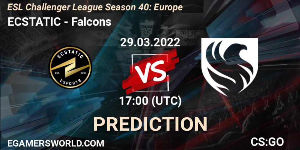 ECSTATIC contre Falcons : prédiction de match. 29.03.2022 at 17:00. Counter-Strike (CS2), ESL Challenger League Season 40: Europe