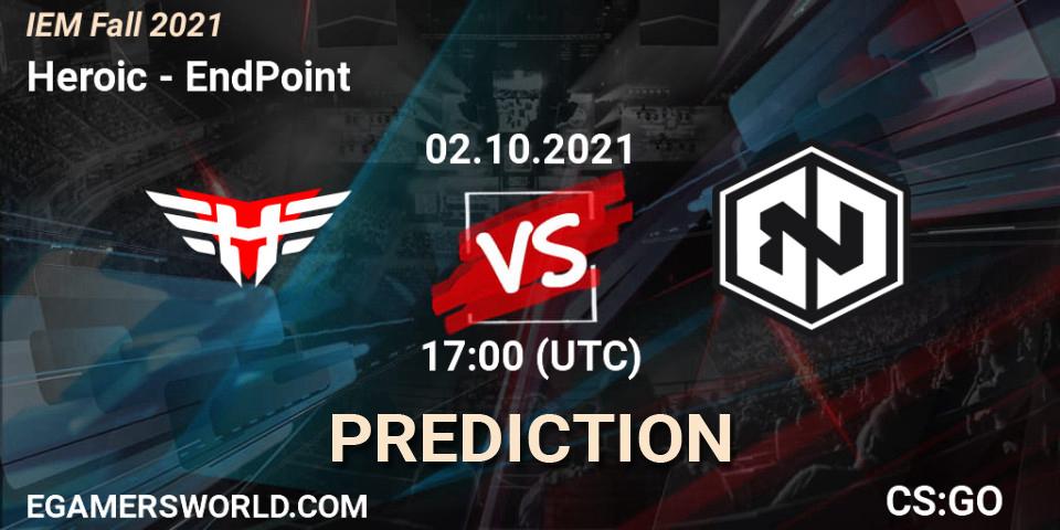 Heroic contre EndPoint : prédiction de match. 02.10.2021 at 17:00. Counter-Strike (CS2), IEM Fall 2021: Europe RMR