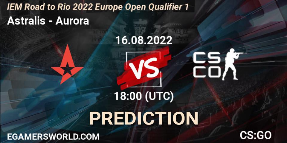 Astralis contre Aurora : prédiction de match. 16.08.2022 at 18:00. Counter-Strike (CS2), IEM Road to Rio 2022 Europe Open Qualifier 1