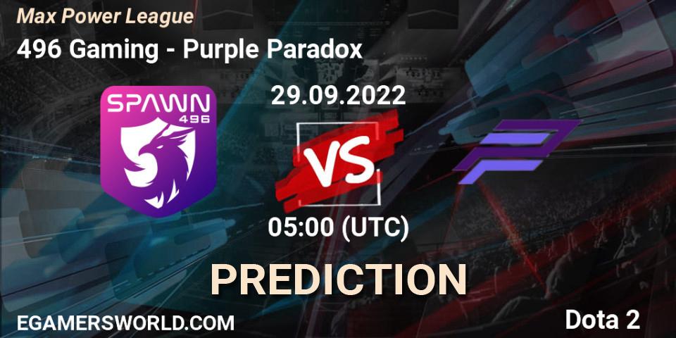 496 Gaming contre Purple Paradox : prédiction de match. 29.09.2022 at 09:12. Dota 2, Max Power League