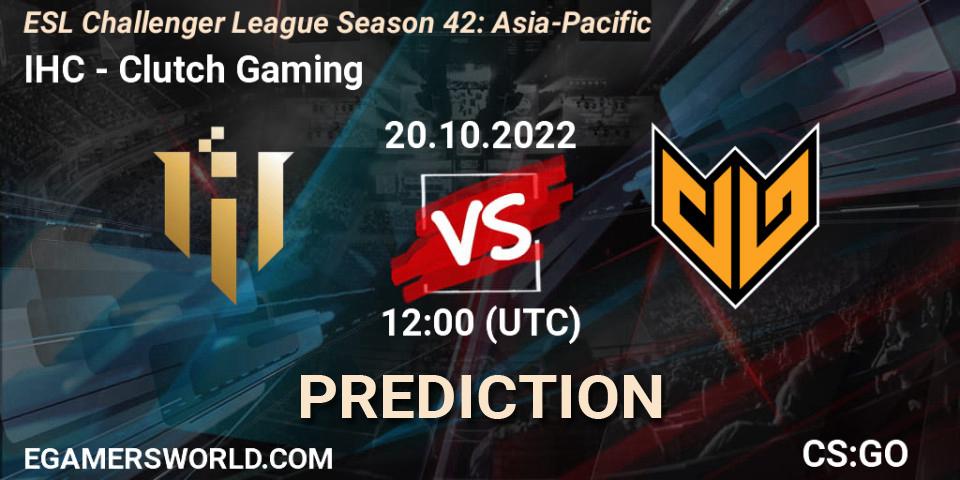 IHC contre Clutch Gaming : prédiction de match. 20.10.2022 at 12:00. Counter-Strike (CS2), ESL Challenger League Season 42: Asia-Pacific