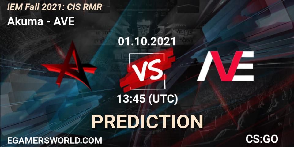 Akuma contre AVE : prédiction de match. 01.10.2021 at 13:45. Counter-Strike (CS2), IEM Fall 2021: CIS RMR