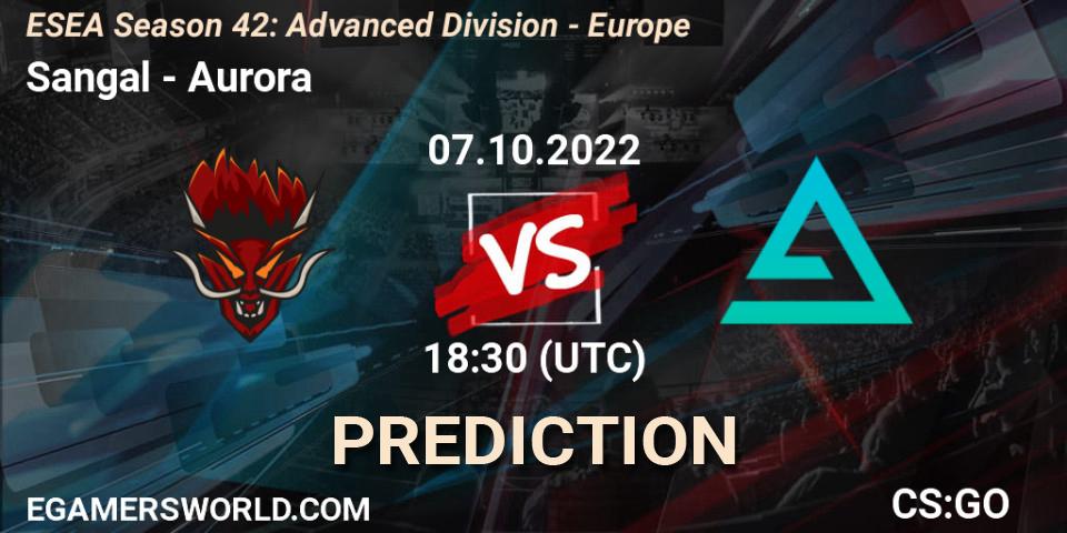 Sangal contre Aurora : prédiction de match. 07.10.2022 at 18:00. Counter-Strike (CS2), ESEA Season 42: Advanced Division - Europe