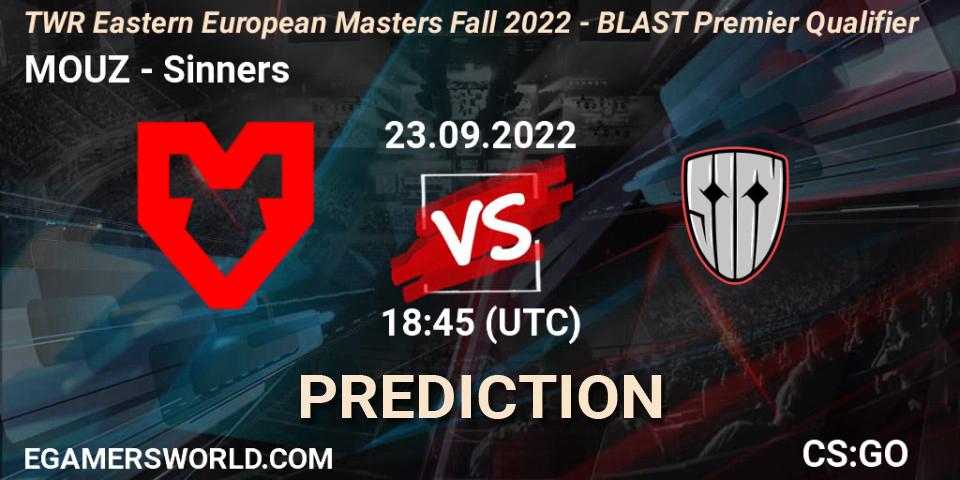 MOUZ contre Sinners : prédiction de match. 23.09.2022 at 19:30. Counter-Strike (CS2), TWR Eastern European Masters: Fall 2022