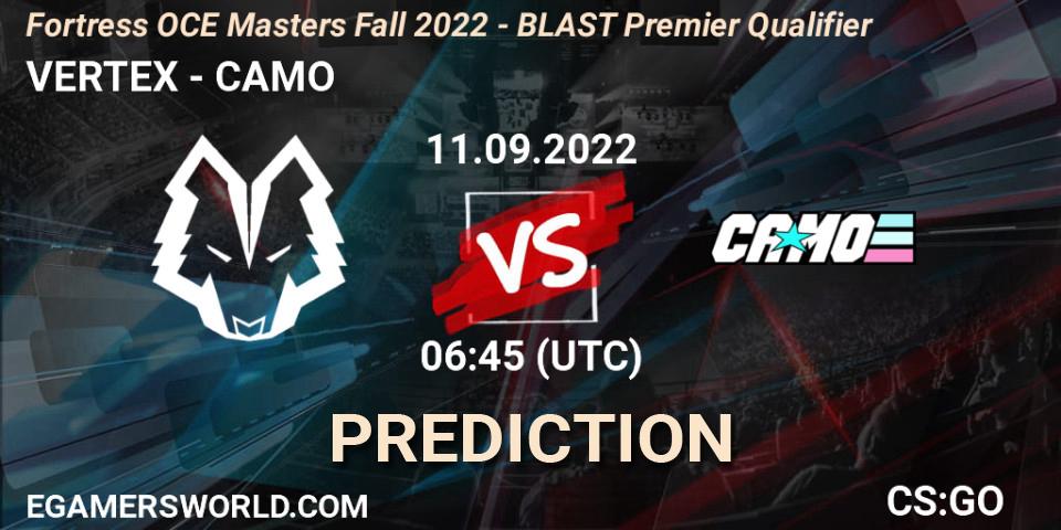 VERTEX contre CAMO : prédiction de match. 11.09.2022 at 07:20. Counter-Strike (CS2), Fortress OCE Masters Fall 2022 - BLAST Premier Qualifier