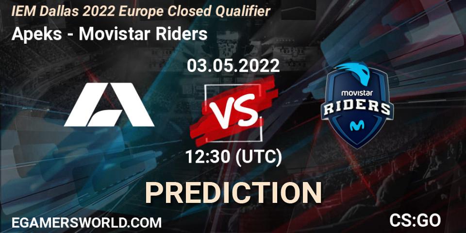 Apeks contre Movistar Riders : prédiction de match. 03.05.2022 at 12:30. Counter-Strike (CS2), IEM Dallas 2022 Europe Closed Qualifier