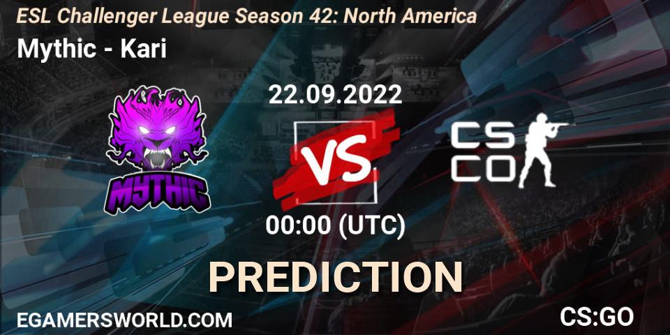 Mythic contre kariESPORTS : prédiction de match. 22.09.2022 at 00:00. Counter-Strike (CS2), ESL Challenger League Season 42: North America
