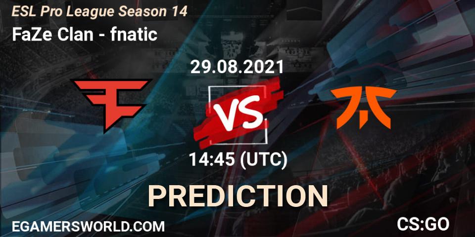 FaZe Clan contre fnatic : prédiction de match. 29.08.2021 at 14:45. Counter-Strike (CS2), ESL Pro League Season 14