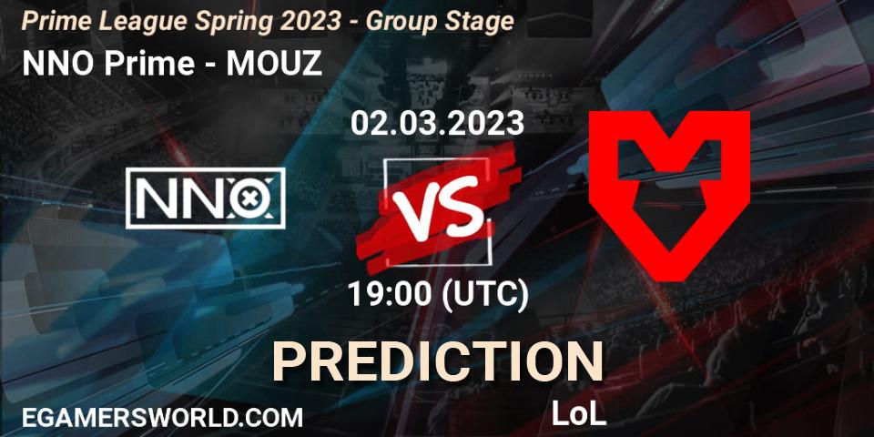 NNO Prime contre MOUZ : prédiction de match. 02.03.2023 at 18:10. LoL, Prime League Spring 2023 - Group Stage
