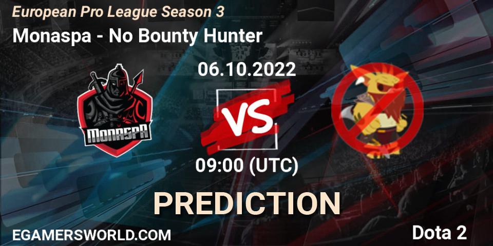 Monaspa contre No Bounty Hunter : prédiction de match. 06.10.2022 at 09:07. Dota 2, European Pro League Season 3 