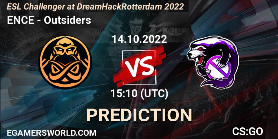 ENCE contre Outsiders : prédiction de match. 14.10.2022 at 16:00. Counter-Strike (CS2), ESL Challenger at DreamHack Rotterdam 2022