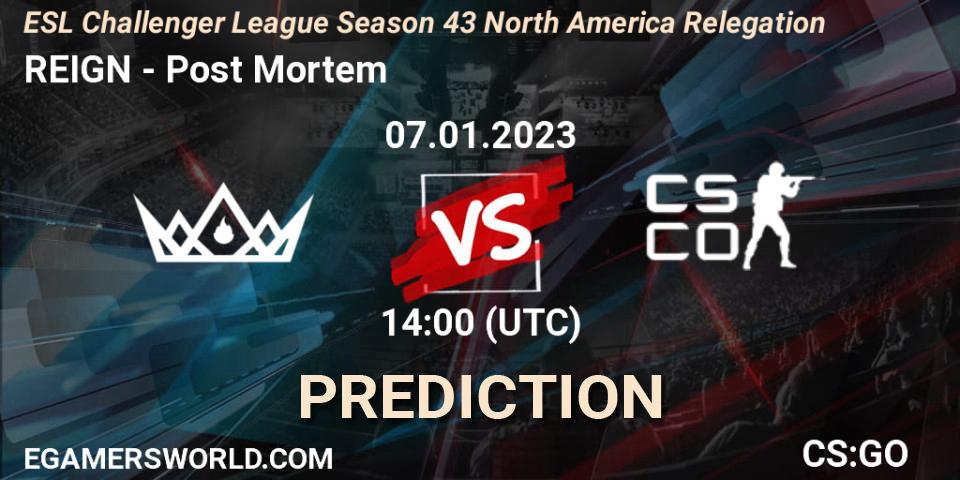 REIGN contre Post Mortem : prédiction de match. 08.01.2023 at 02:00. Counter-Strike (CS2), ESL Challenger League Season 43 North America Relegation