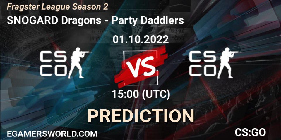 SNOGARD Dragons contre PartyDaddlers : prédiction de match. 01.10.2022 at 15:10. Counter-Strike (CS2), Fragster League Season 2