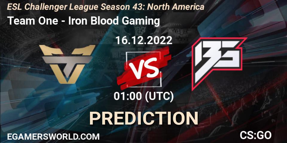 Team One contre Iron Blood Gaming : prédiction de match. 16.12.2022 at 01:00. Counter-Strike (CS2), ESL Challenger League Season 43: North America