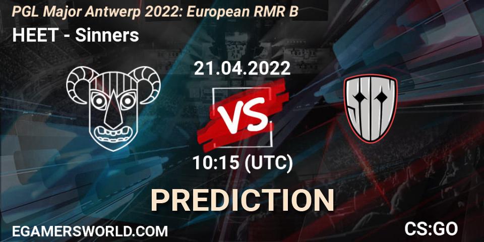 HEET contre Sinners : prédiction de match. 21.04.2022 at 10:30. Counter-Strike (CS2), PGL Major Antwerp 2022: European RMR B