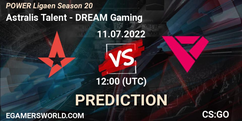 Astralis Talent contre DREAM Gaming : prédiction de match. 11.07.2022 at 11:15. Counter-Strike (CS2), Dust2.dk Ligaen Season 20