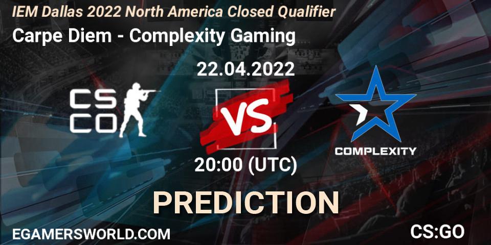 Carpe Diem contre Complexity Gaming : prédiction de match. 22.04.2022 at 20:00. Counter-Strike (CS2), IEM Dallas 2022 North America Closed Qualifier