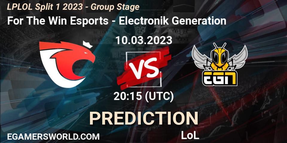 For The Win Esports contre Electronik Generation : prédiction de match. 10.03.2023 at 20:15. LoL, LPLOL Split 1 2023 - Group Stage