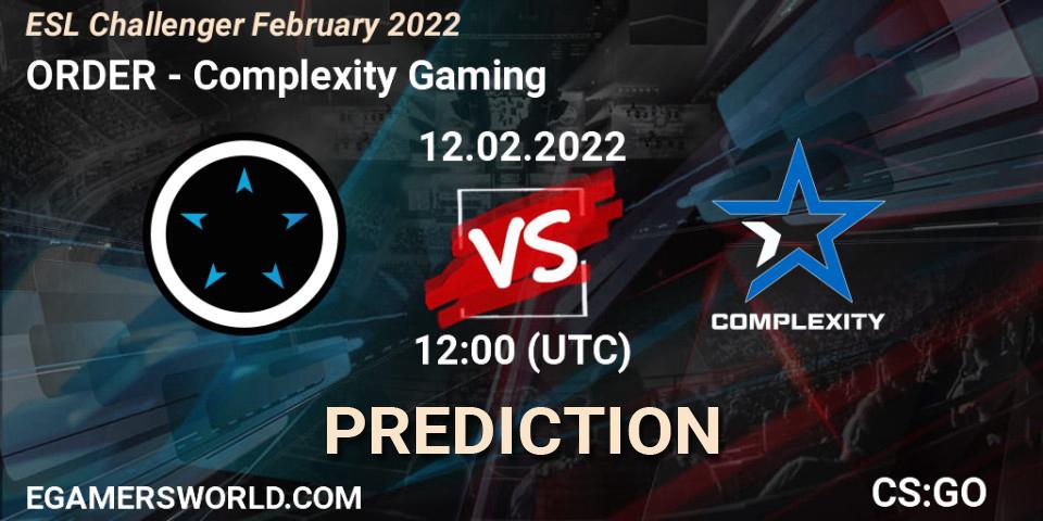 ORDER contre Complexity Gaming : prédiction de match. 12.02.2022 at 12:00. Counter-Strike (CS2), ESL Challenger February 2022