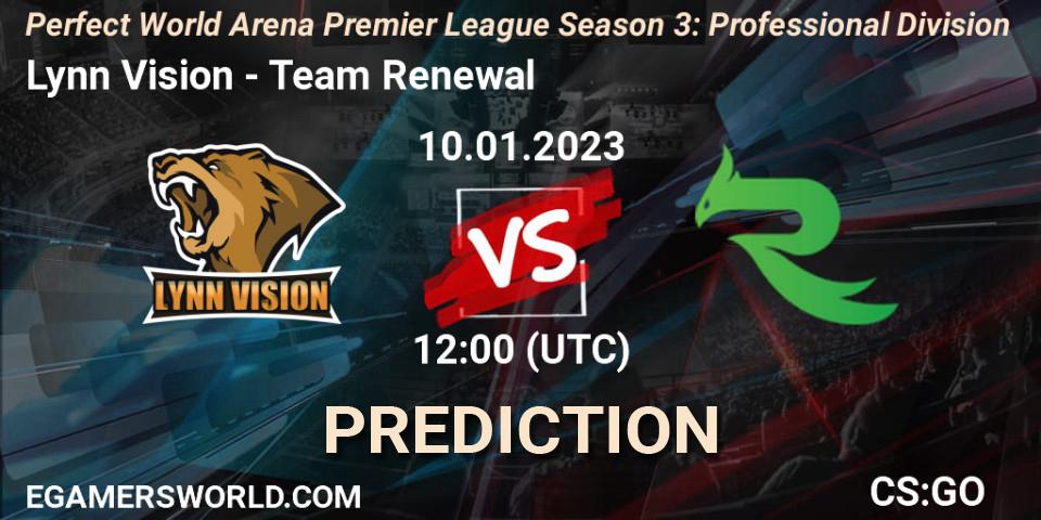 Lynn Vision contre Team Renewal : prédiction de match. 13.01.2023 at 13:00. Counter-Strike (CS2), Perfect World Arena Premier League Season 3: Professional Division