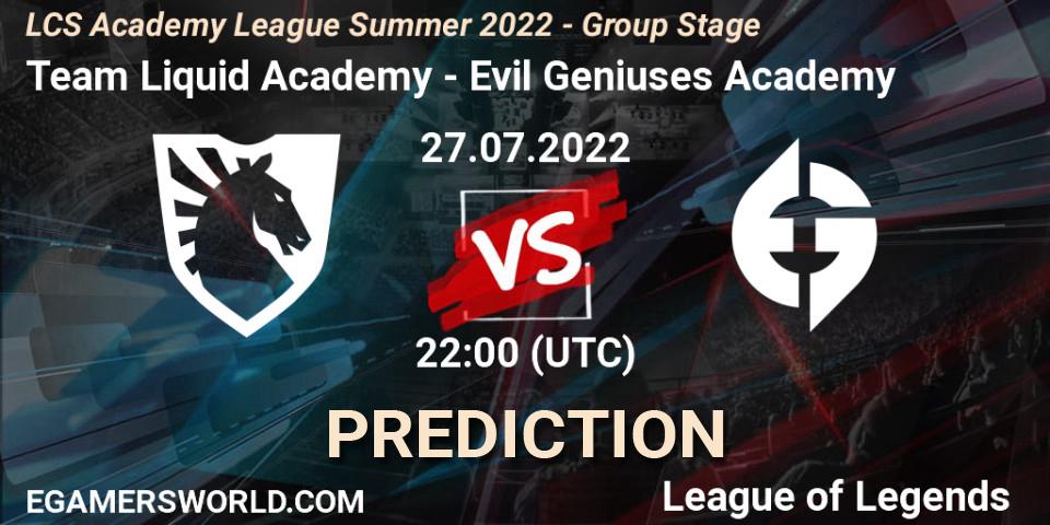 Team Liquid Academy contre Evil Geniuses Academy : prédiction de match. 27.07.2022 at 22:00. LoL, LCS Academy League Summer 2022 - Group Stage