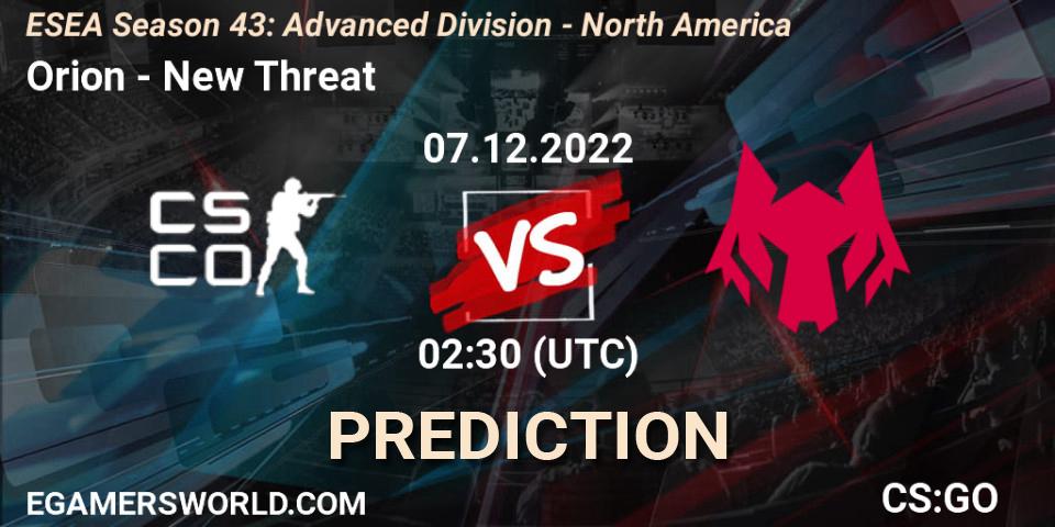 Orion contre New Threat : prédiction de match. 07.12.22. CS2 (CS:GO), ESEA Season 43: Advanced Division - North America