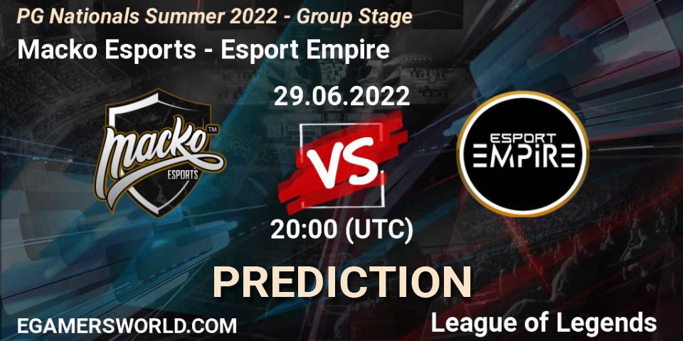 Macko Esports contre Esport Empire : prédiction de match. 29.06.2022 at 20:00. LoL, PG Nationals Summer 2022 - Group Stage