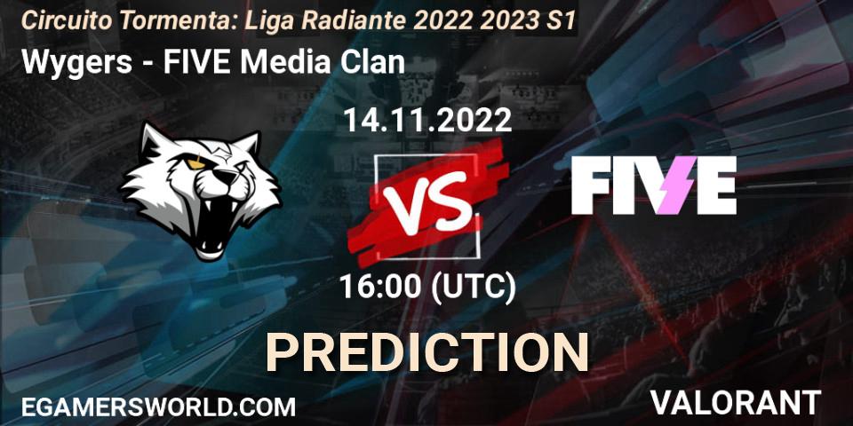 Wygers contre FIVE Media Clan : prédiction de match. 14.11.2022 at 16:00. VALORANT, Circuito Tormenta: Liga Radiante 2022 2023 S1