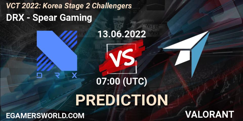 DRX contre Spear Gaming : prédiction de match. 13.06.2022 at 07:00. VALORANT, VCT 2022: Korea Stage 2 Challengers