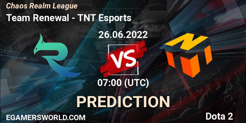 Team Renewal contre TNT Esports : prédiction de match. 26.06.2022 at 07:07. Dota 2, Chaos Realm League 
