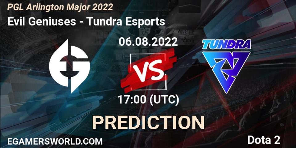 Evil Geniuses contre Tundra Esports : prédiction de match. 06.08.2022 at 17:23. Dota 2, PGL Arlington Major 2022 - Group Stage