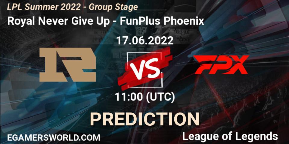 Royal Never Give Up contre FunPlus Phoenix : prédiction de match. 17.06.2022 at 11:00. LoL, LPL Summer 2022 - Group Stage