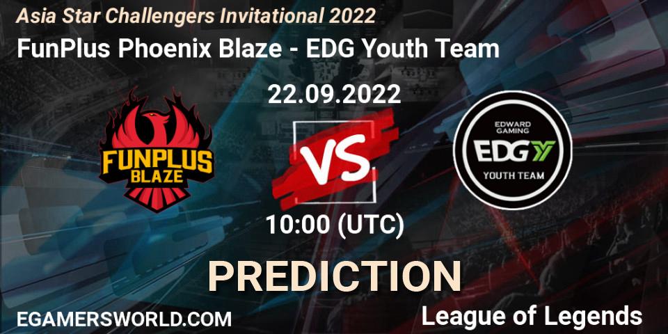 FunPlus Phoenix Blaze contre EDward Gaming Youth Team : prédiction de match. 22.09.2022 at 10:00. LoL, Asia Star Challengers Invitational 2022