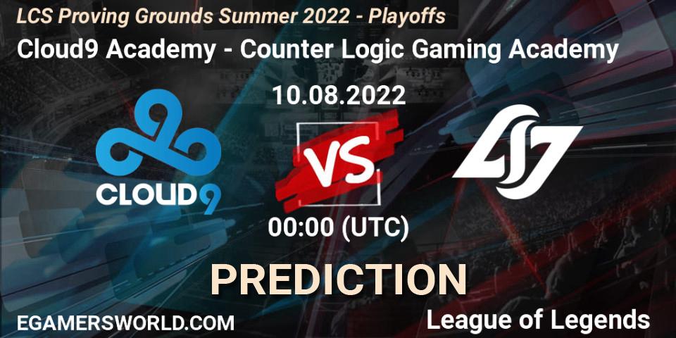 Cloud9 Academy contre Counter Logic Gaming Academy : prédiction de match. 10.08.2022 at 00:00. LoL, LCS Proving Grounds Summer 2022 - Playoffs