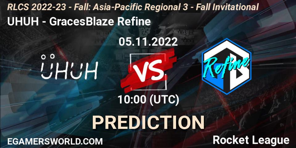 UHUH contre GracesBlaze Refine : prédiction de match. 05.11.2022 at 10:00. Rocket League, RLCS 2022-23 - Fall: Asia-Pacific Regional 3 - Fall Invitational