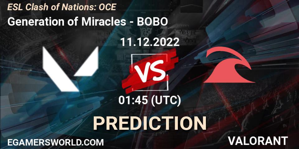 Generation of Miracles contre BOBO : prédiction de match. 11.12.2022 at 01:45. VALORANT, ESL Clash of Nations: OCE
