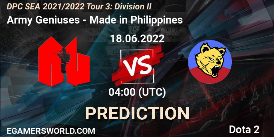 Army Geniuses contre Made in Philippines : prédiction de match. 18.06.22. Dota 2, DPC SEA 2021/2022 Tour 3: Division II