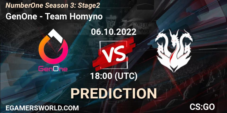 GenOne contre Team Homyno : prédiction de match. 06.10.2022 at 18:00. Counter-Strike (CS2), NumberOne Season 3: Stage 2