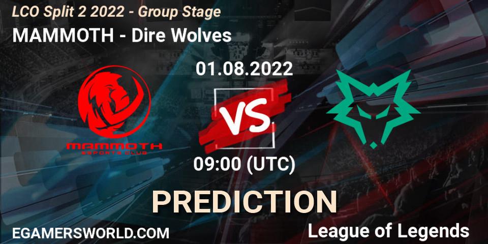 MAMMOTH contre Dire Wolves : prédiction de match. 01.08.2022 at 09:00. LoL, LCO Split 2 2022 - Group Stage