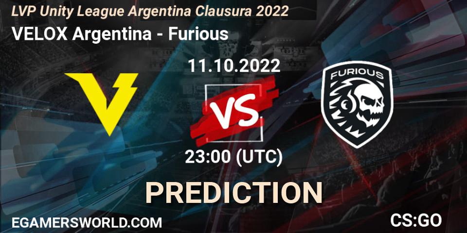 VELOX Argentina contre Furious : prédiction de match. 11.10.2022 at 23:30. Counter-Strike (CS2), LVP Unity League Argentina Clausura 2022