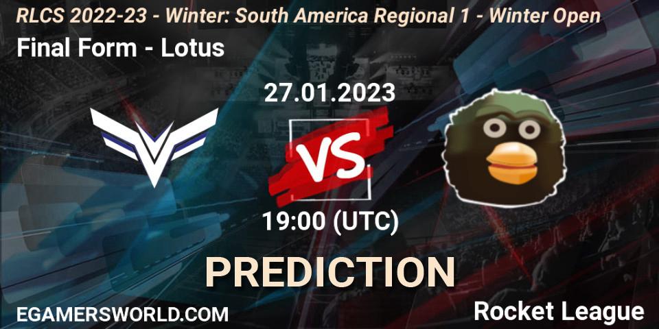 Final Form contre Lotus : prédiction de match. 27.01.2023 at 19:00. Rocket League, RLCS 2022-23 - Winter: South America Regional 1 - Winter Open