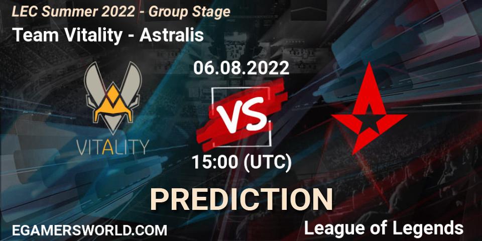 Team Vitality contre Astralis : prédiction de match. 06.08.2022 at 15:00. LoL, LEC Summer 2022 - Group Stage