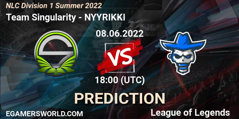 Team Singularity contre NYYRIKKI : prédiction de match. 08.06.2022 at 19:00. LoL, NLC Division 1 Summer 2022
