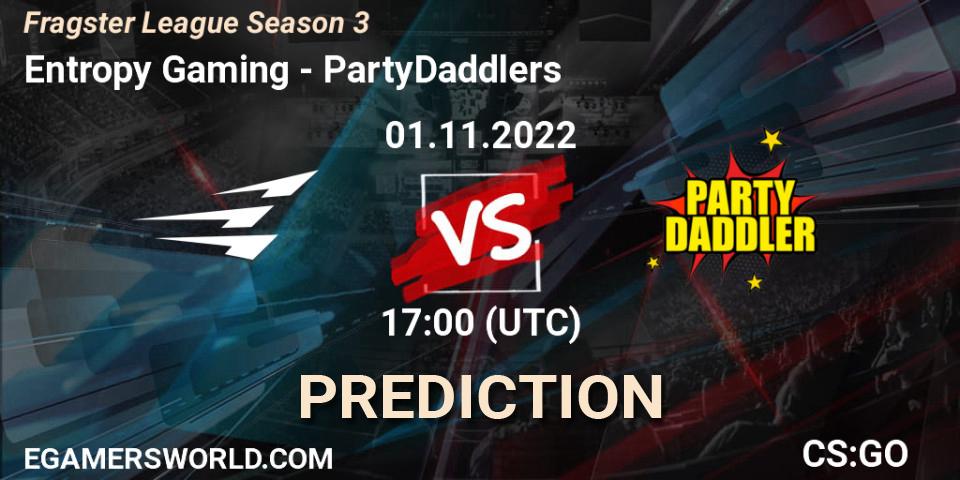 Entropy Gaming contre PartyDaddlers : prédiction de match. 01.11.2022 at 17:00. Counter-Strike (CS2), Fragster League Season 3