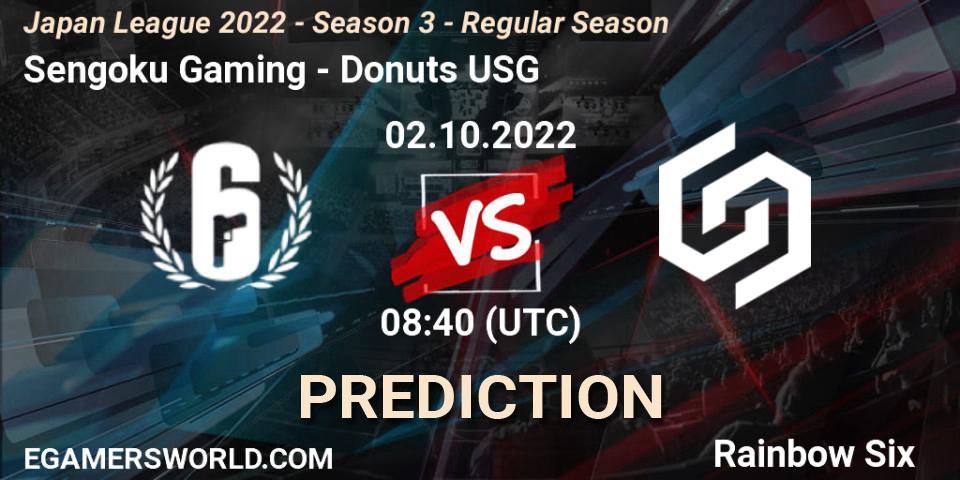 Sengoku Gaming contre Donuts USG : prédiction de match. 02.10.2022 at 08:40. Rainbow Six, Japan League 2022 - Season 3 - Regular Season