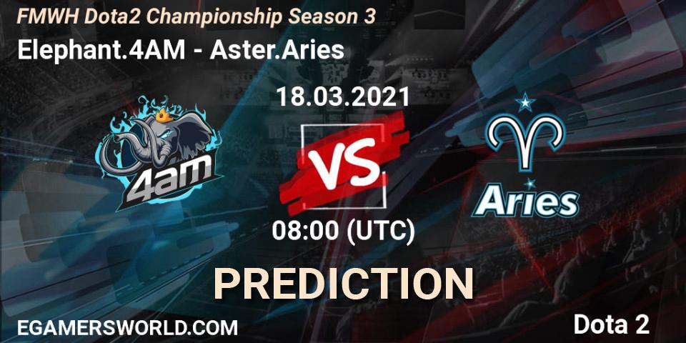 Elephant.4AM contre Aster.Aries : prédiction de match. 18.03.2021 at 07:02. Dota 2, FMWH Dota2 Championship Season 3