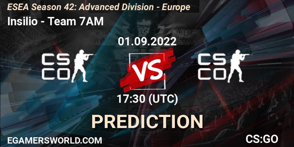 Insilio contre Team 7AM : prédiction de match. 01.09.2022 at 17:30. Counter-Strike (CS2), ESEA Season 42: Advanced Division - Europe