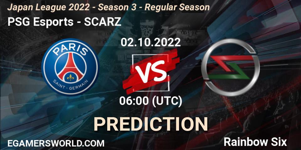 PSG Esports contre SCARZ : prédiction de match. 02.10.2022 at 06:00. Rainbow Six, Japan League 2022 - Season 3 - Regular Season