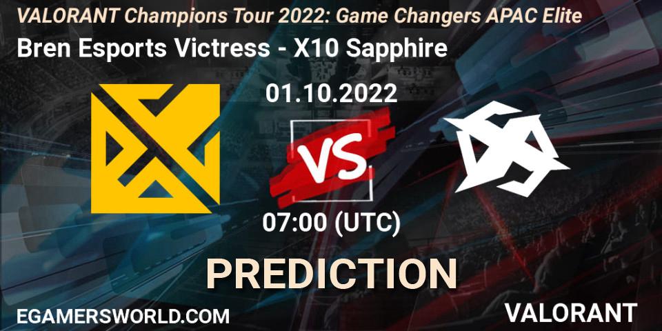 Bren Esports Victress contre X10 Sapphire : prédiction de match. 01.10.2022 at 07:00. VALORANT, VCT 2022: Game Changers APAC Elite